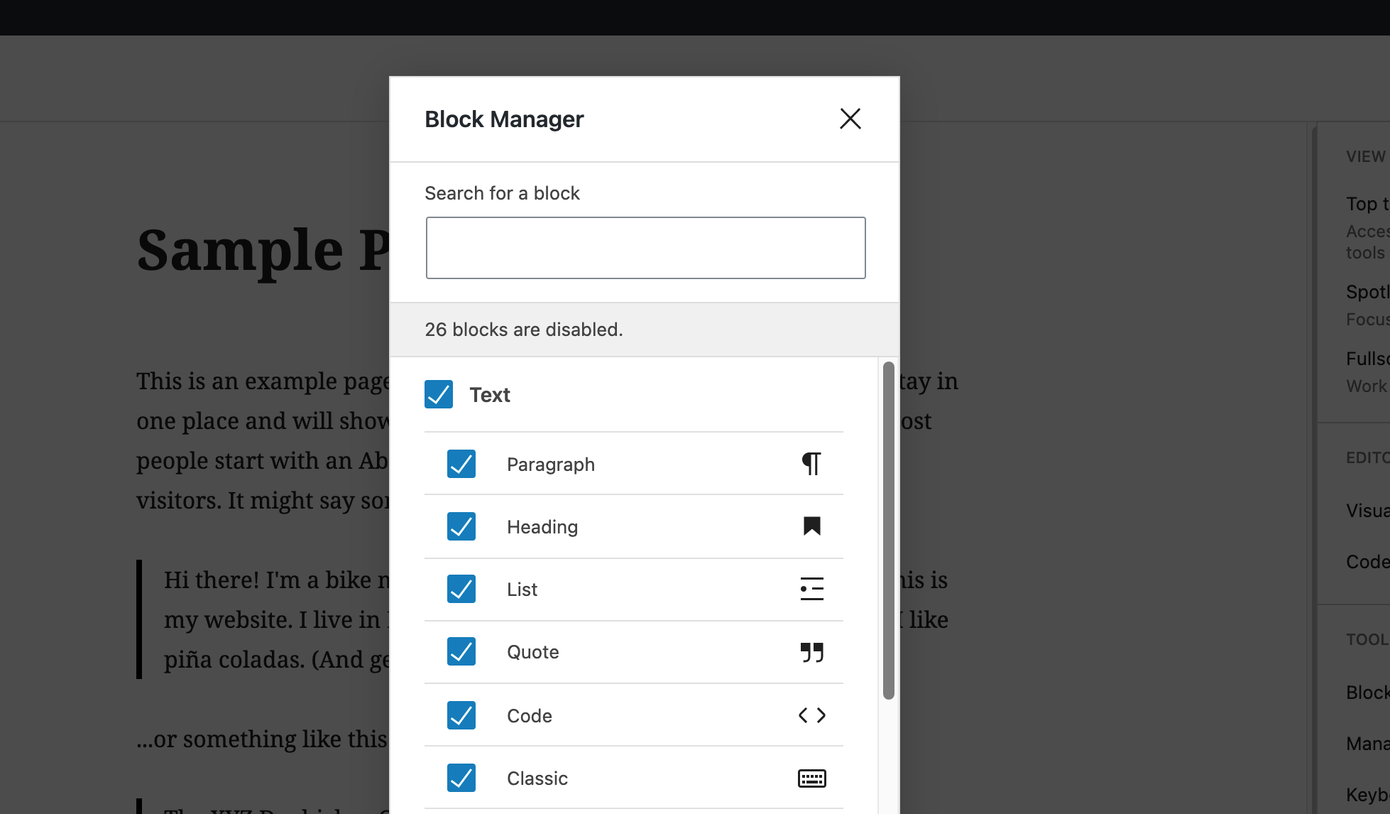 a screenshot of WordPress Block Manager